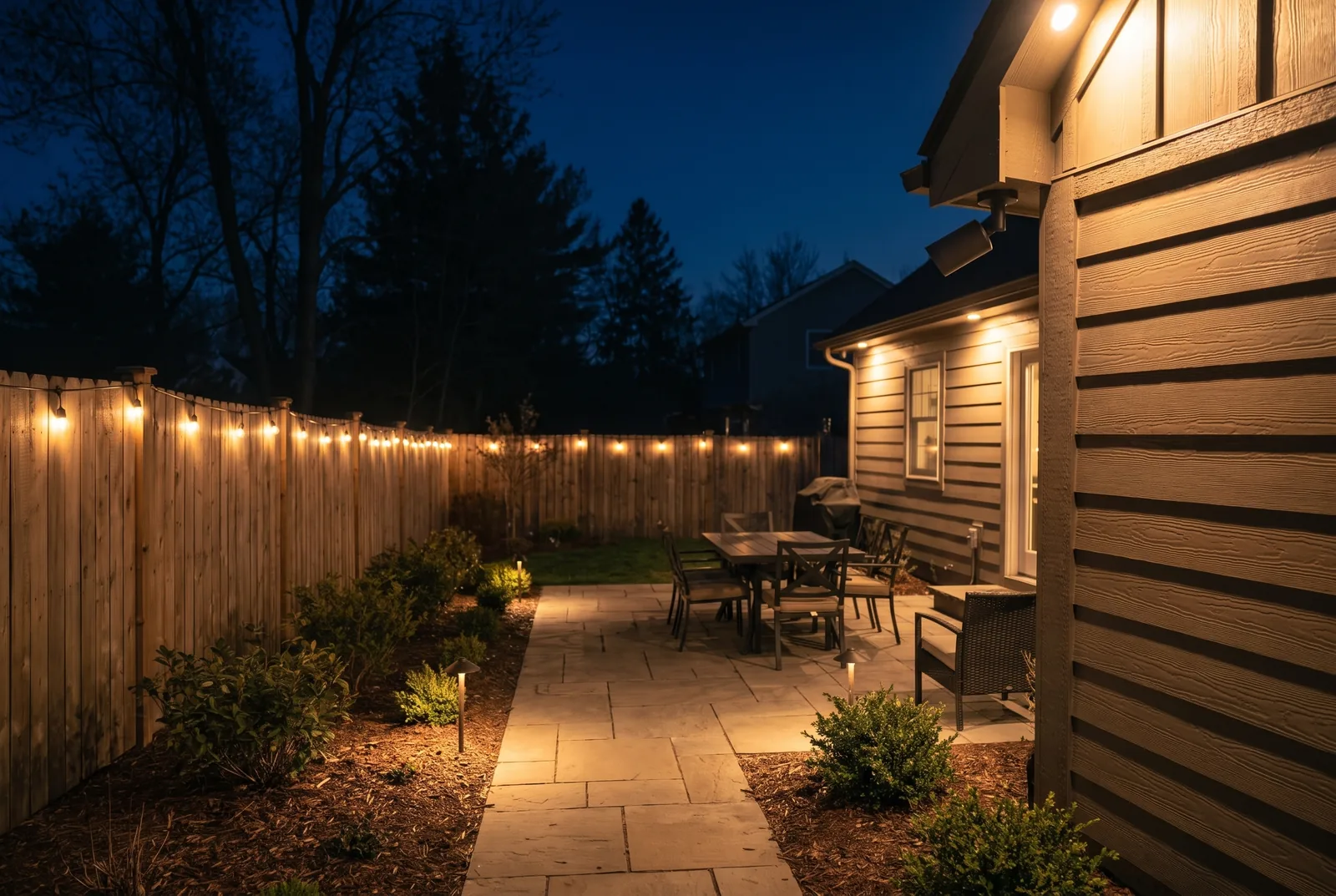 Security camera under a rear eave covering a lit backyard patio and fence