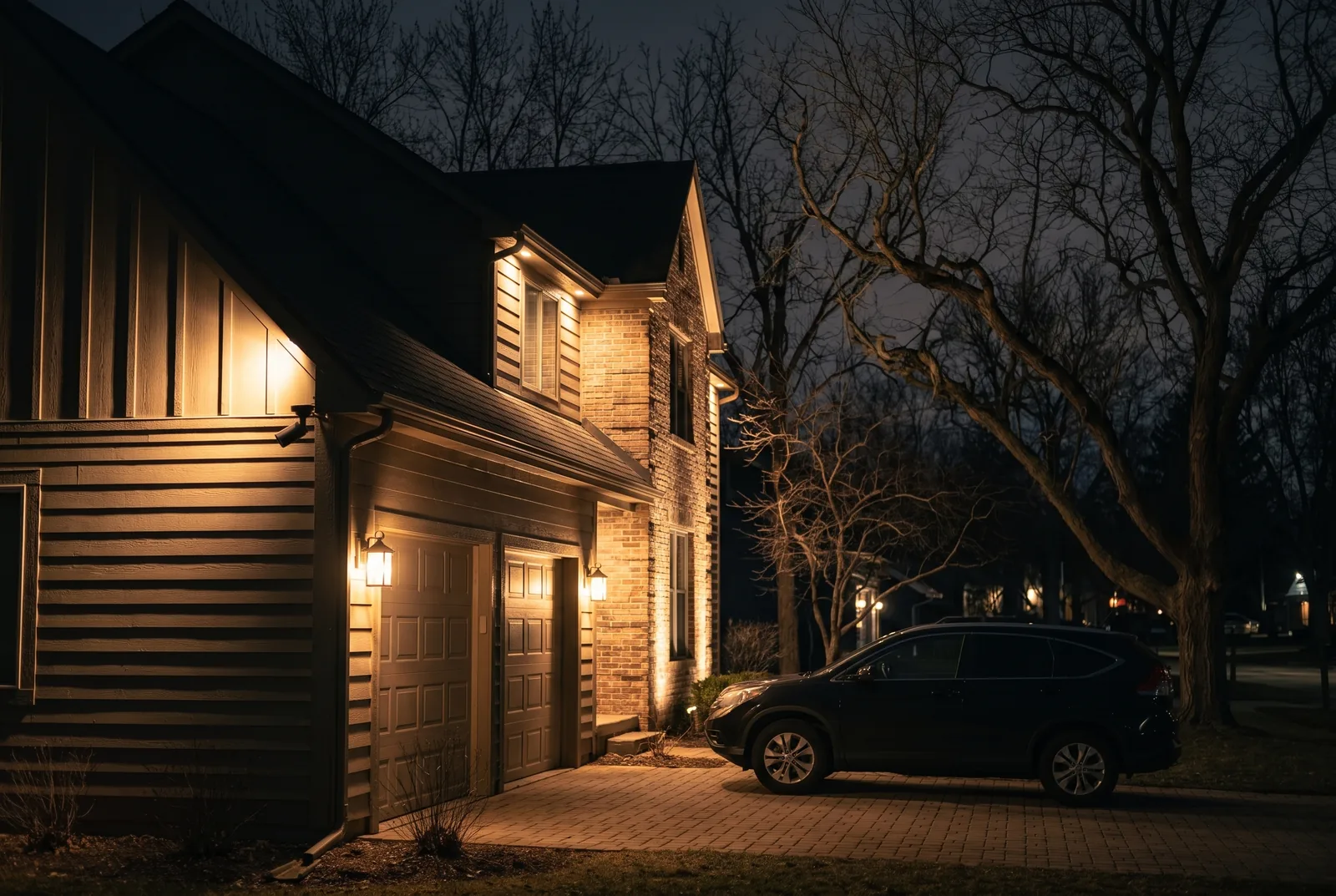 Security camera on a garage corner looking over a paver driveway at night