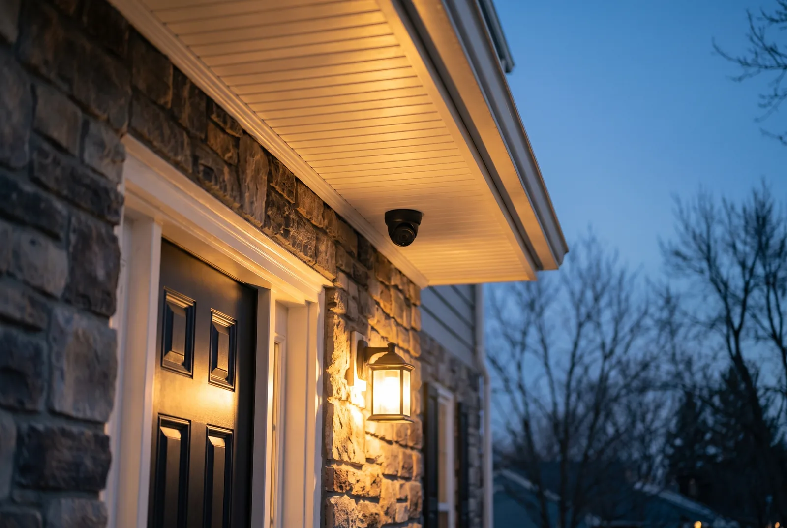 Dome security camera under a porch ceiling at dusk, the kind of install we do across Queens