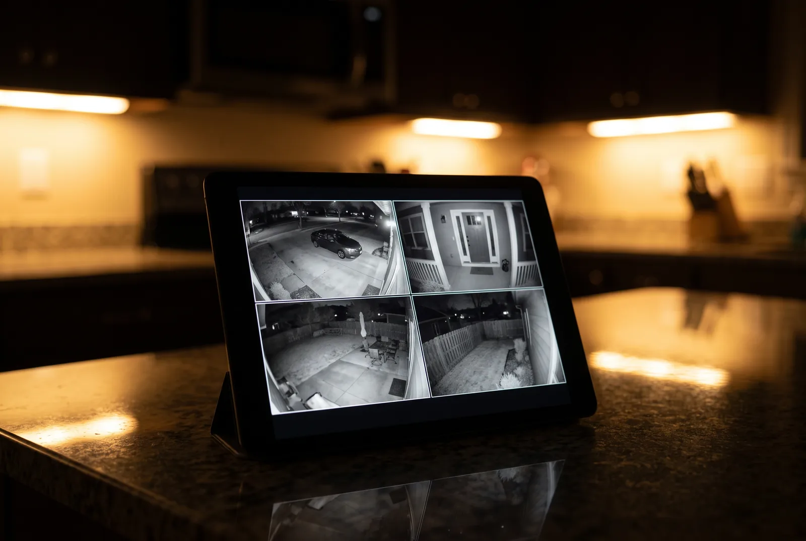 Tablet on a kitchen counter showing four night camera views