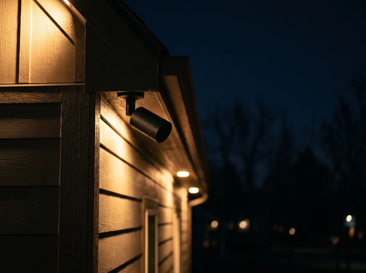 Security camera mounted under a roofline at night