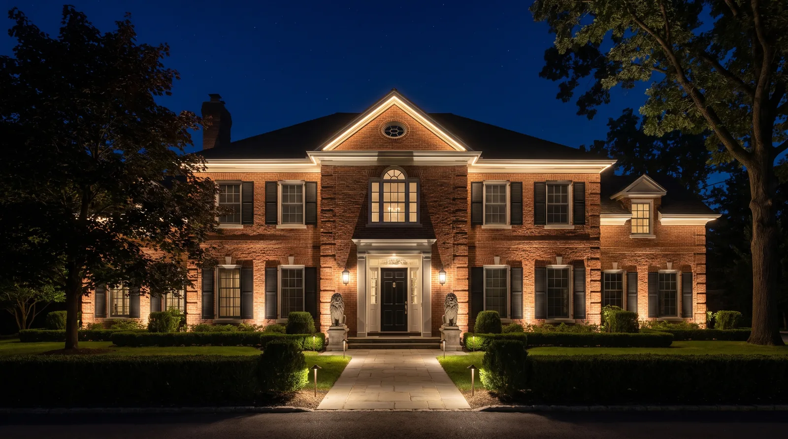 Elegant red brick estate with black accents and statues, fully lit at night