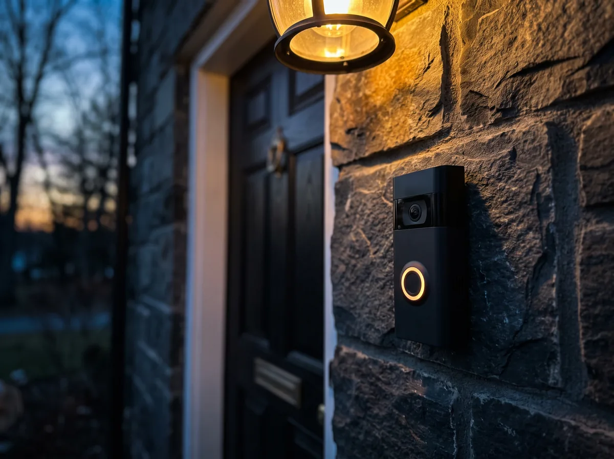 Video doorbell glowing at dusk beside a black front door