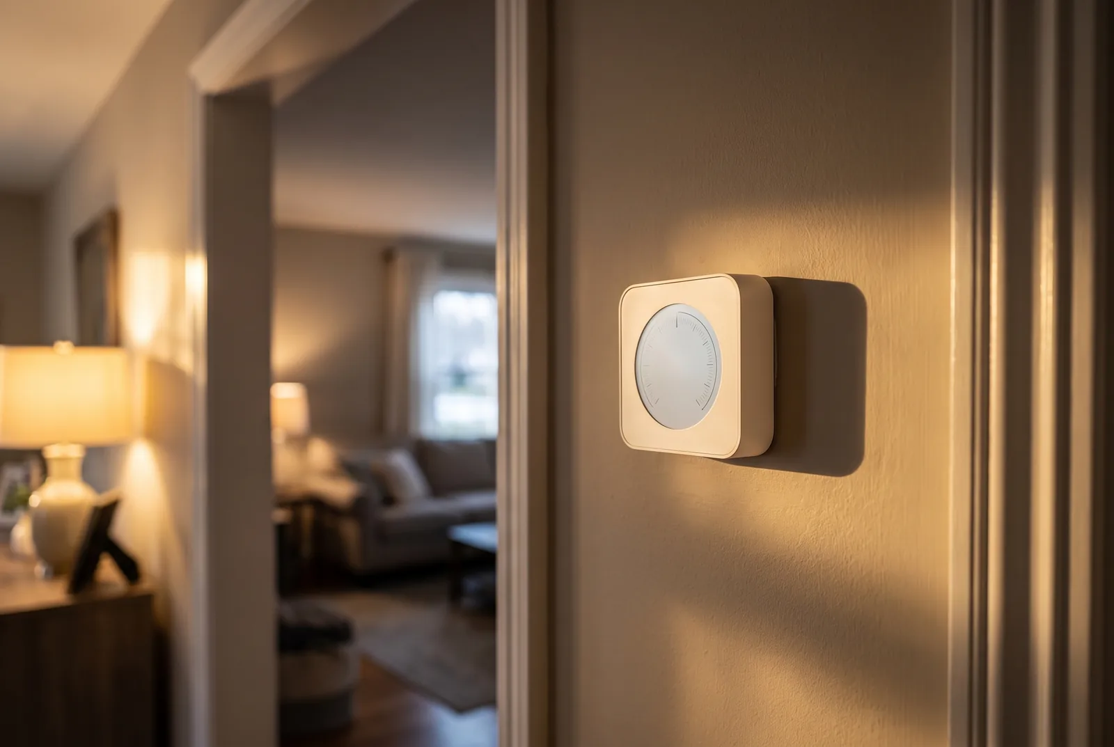 Smart thermostat on a hallway wall in warm evening light