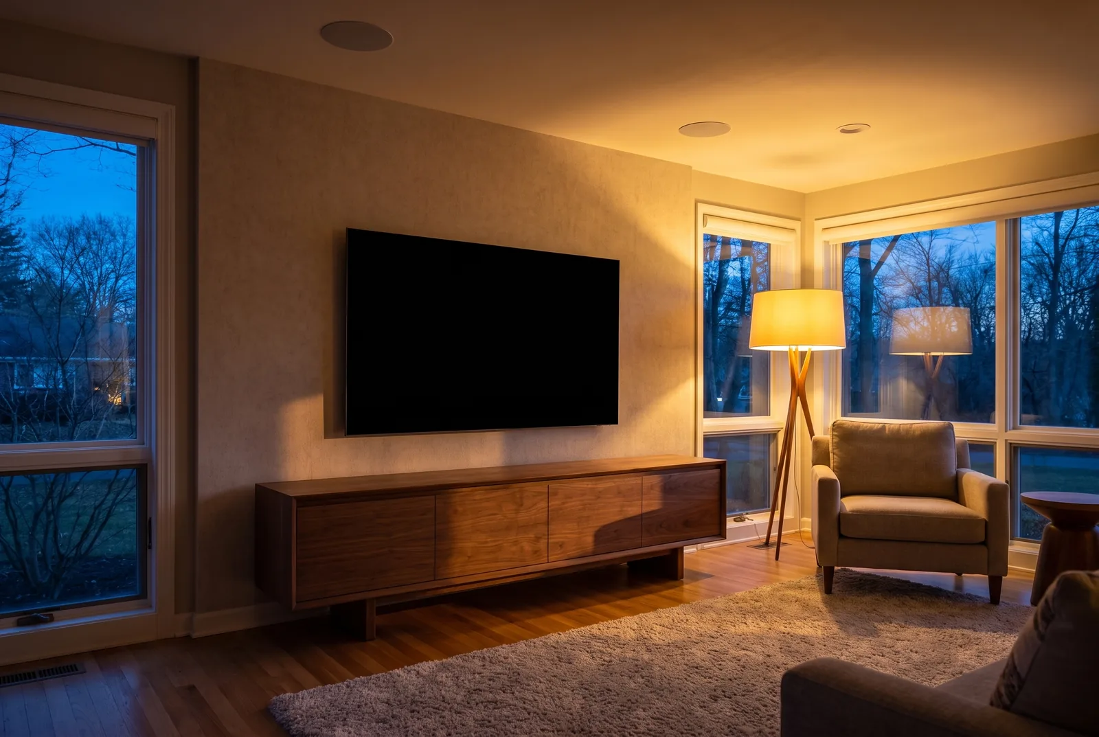Wall mounted television with no visible cables and in ceiling speakers