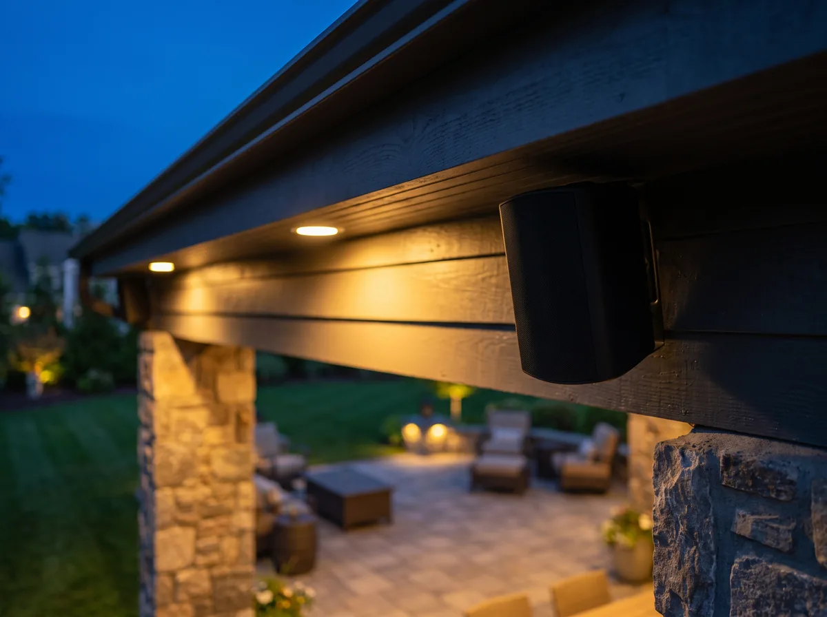 Black outdoor speaker installed under a lit patio roof at dusk