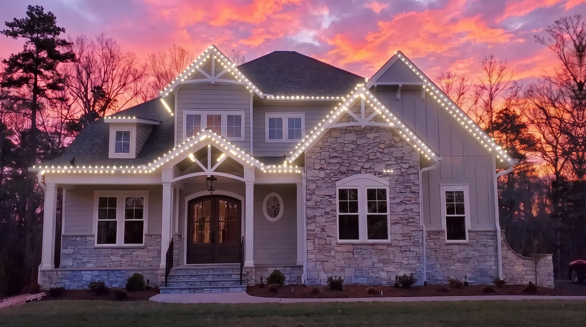 North Jersey home at sunset with warm white permanent roofline strip lighting by Green Light