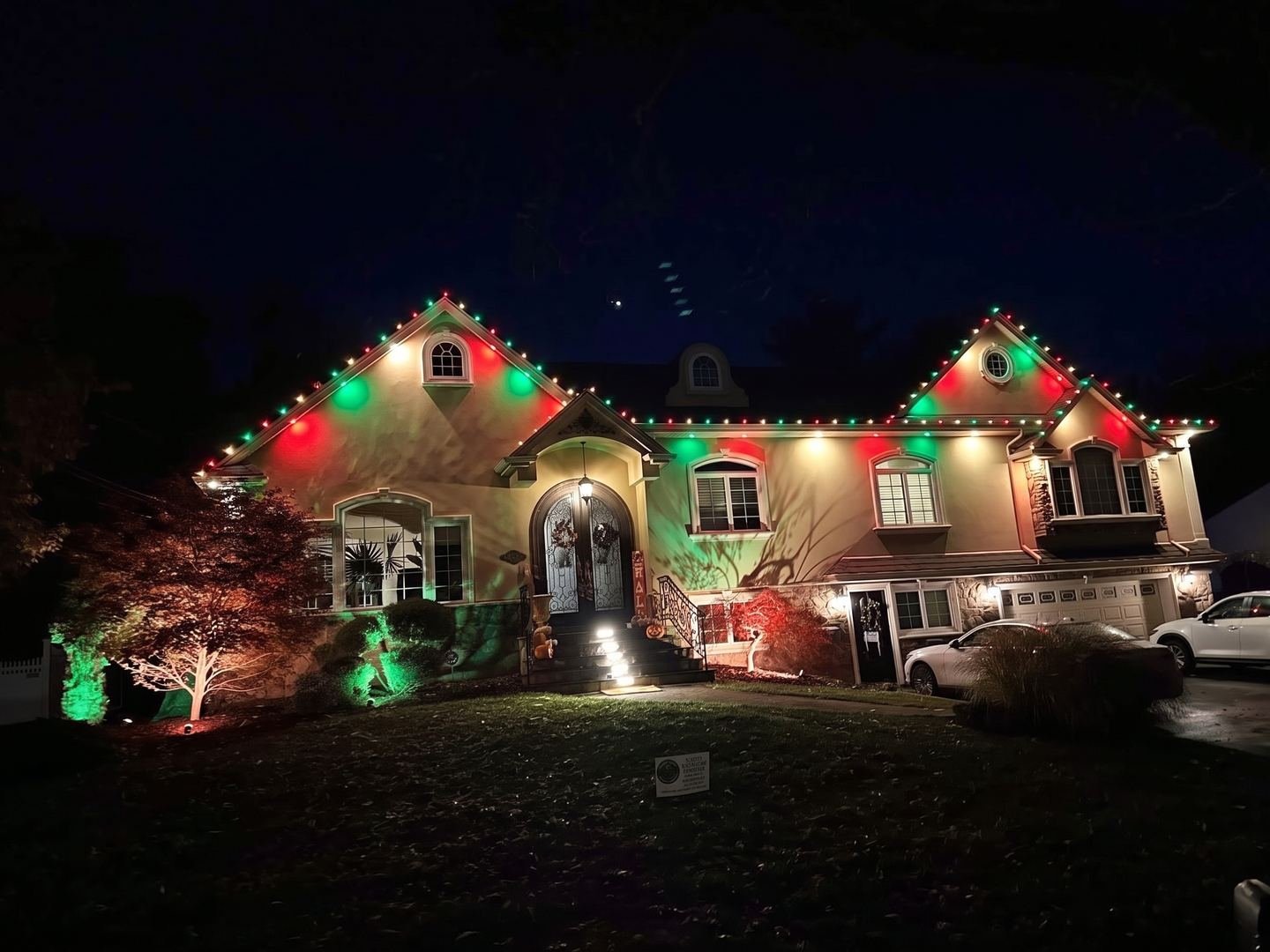 The same house in red and green for Christmas