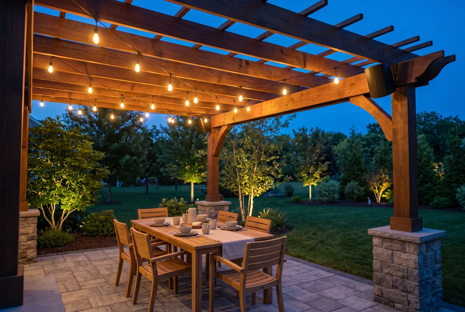 Backyard pergola at dusk with uplit trees and string lights, the kind of setup we install across Morris County