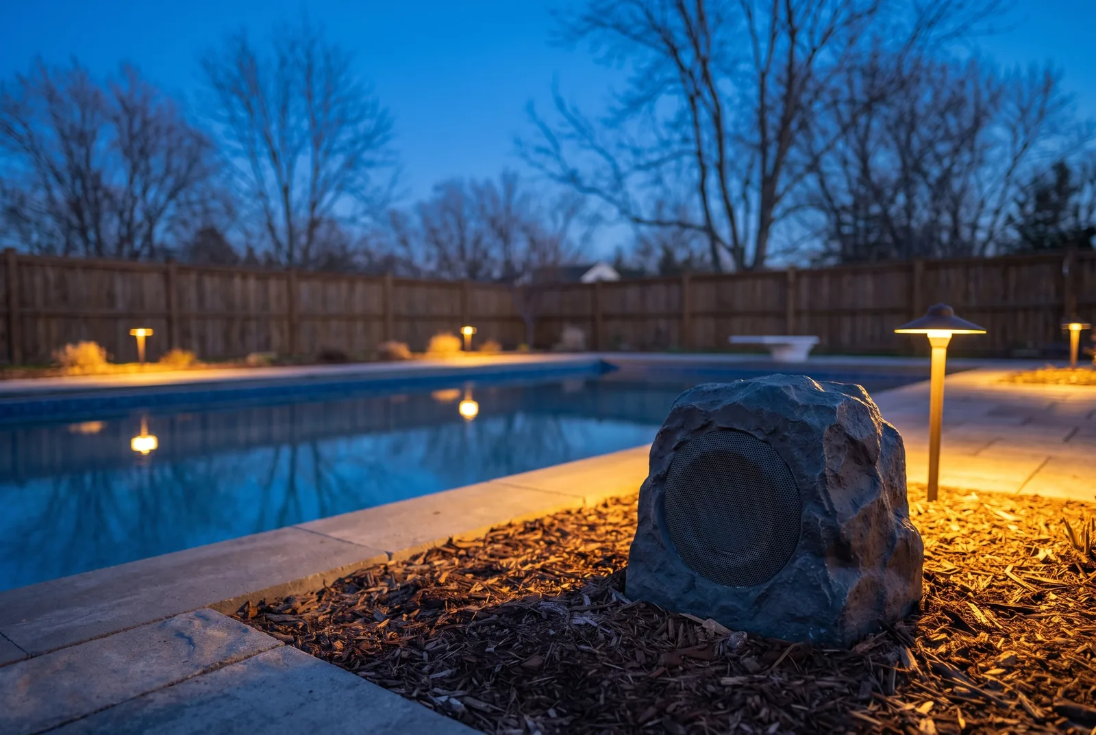 Rock speaker in a planting bed beside a pool at dusk, a backyard setup we install across Nassau County